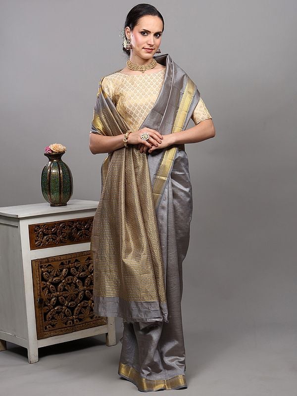 Exotic India Neutral-Gray Tussar Silk Saree With Temple Border With Golden Thread Woven Stripes On Anchal 