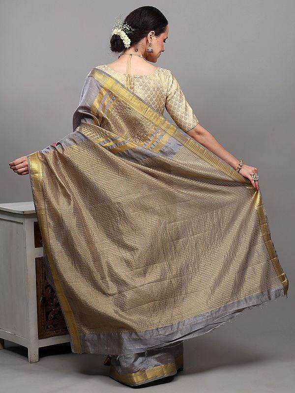 Exotic India Neutral-Gray Tussar Silk Saree With Temple Border With Golden Thread Woven Stripes On Anchal 