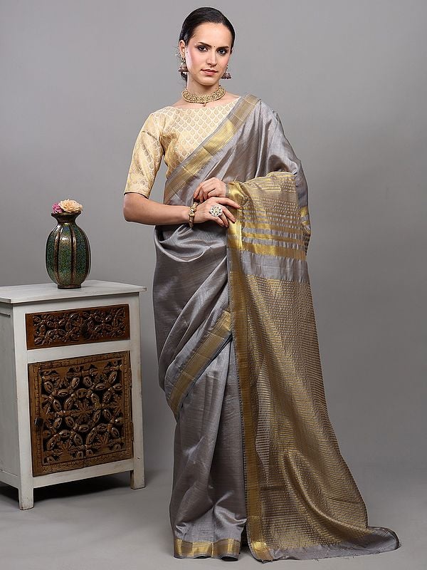 exotic india Neutral-Gray Tussar Silk Saree with Temple Border with Golden Thread woven Stripes on Anchal 