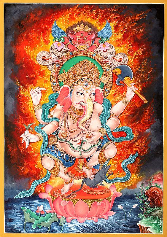 exotic india Newari Styled Four Armed Dancing Ganesha - Brocadeless Thangka 