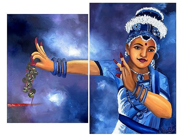 exotic india Nrityakala (Set of Two Paintings) | With Frame | Painting by Gurpreet Kaur 