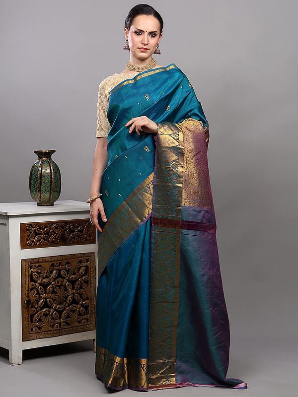 Exotic India Ocean-Depths Bootis Woven Pure Silk Saree From Bangalore With Golden Thread Weave On Border 