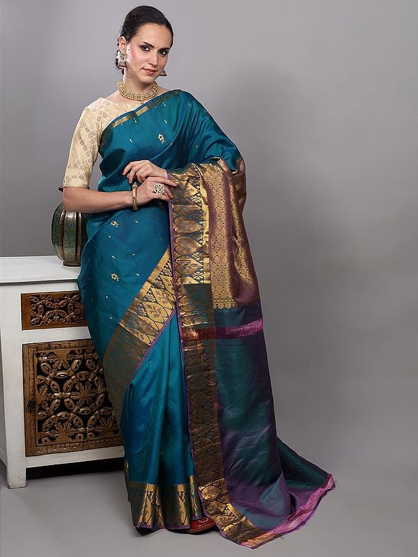 Exotic India Ocean-Depths Bootis Woven Pure Silk Saree From Bangalore With Golden Thread Weave On Border 
