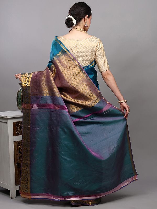 Exotic India Ocean-Depths Bootis Woven Pure Silk Saree From Bangalore With Golden Thread Weave On Border 