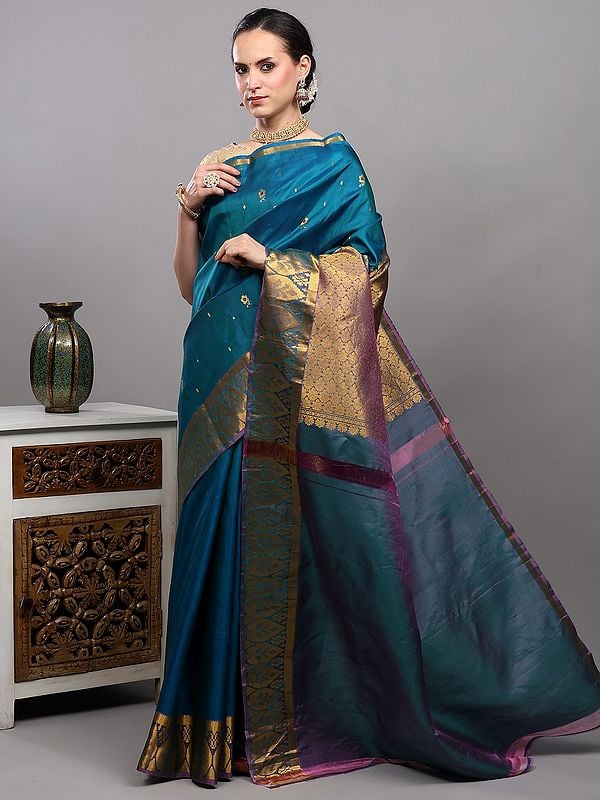 exotic india Ocean-Depths Bootis woven Pure Silk Saree from Bangalore with Golden Thread Weave on Border 
