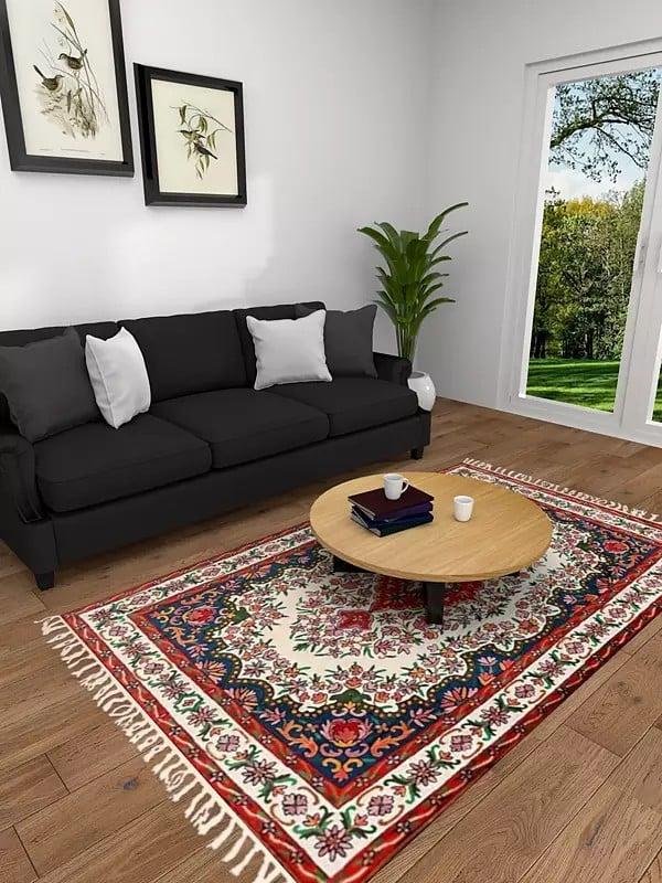 Exotic India Off-White Chain Stitched Kashmiri Carpet With Floral Silk Threadwork 