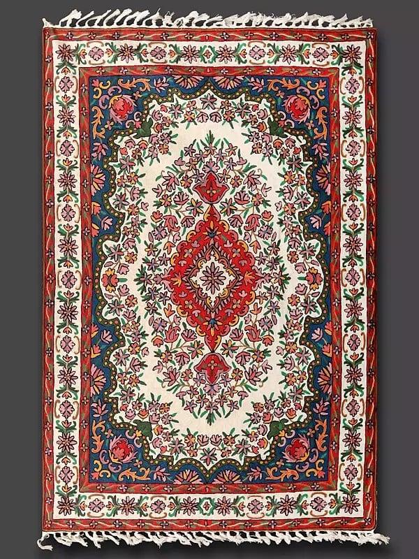Exotic India Off-White Chain Stitched Kashmiri Carpet With Floral Silk Threadwork 