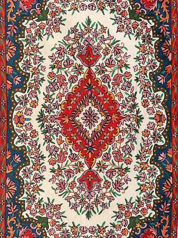 Exotic India Off-White Chain Stitched Kashmiri Carpet With Floral Silk Threadwork 
