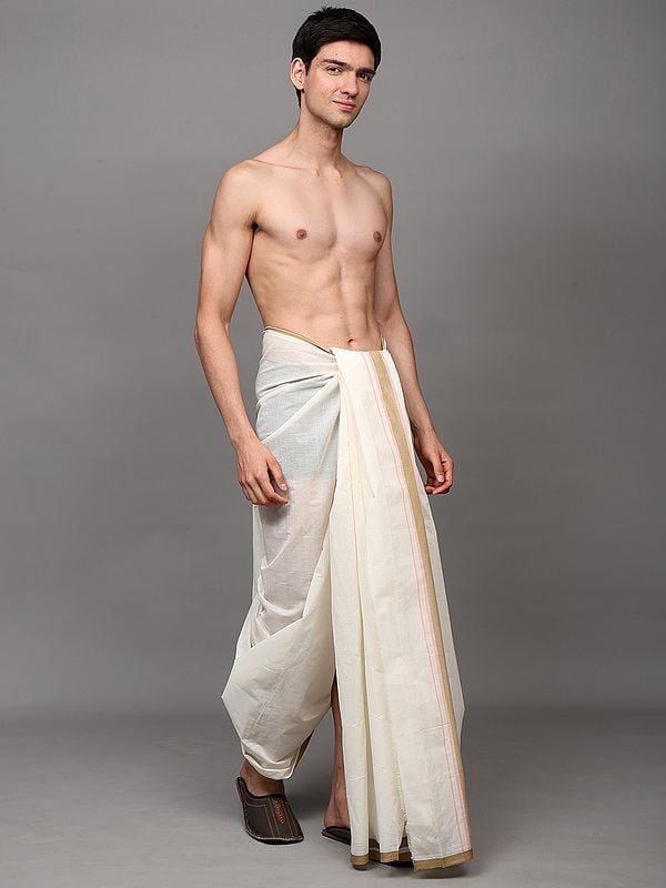 Exotic India Off-White Cotton Dhoti With Woven Pinstripe Border 