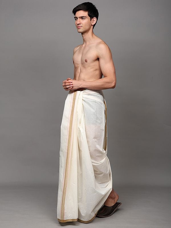 Exotic India Off-White Cotton Dhoti With Woven Pinstripe Border 