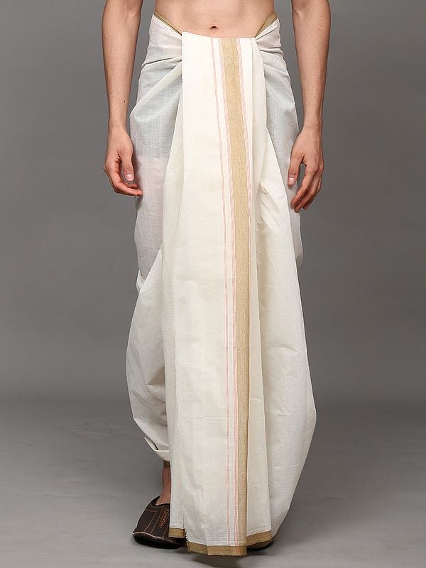 Exotic India Off-White Cotton Dhoti With Woven Pinstripe Border 