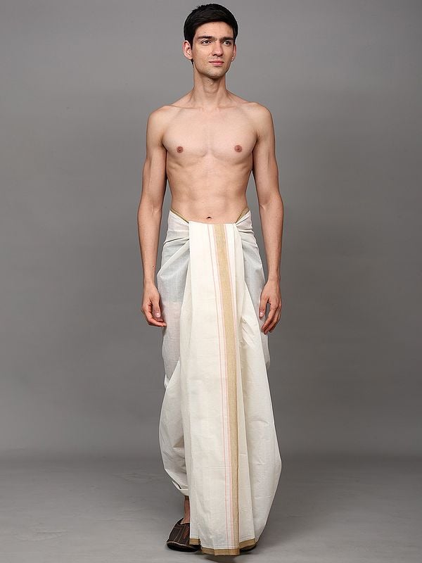 exotic india Off-White Cotton Dhoti with Woven Pinstripe Border 