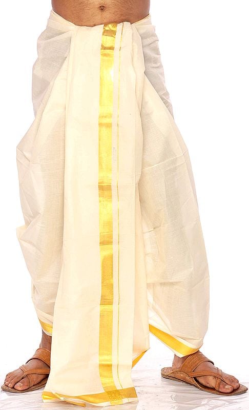 exotic india Off-White Kasavu Dhoti from Kerala with Wide Golden Woven Border 