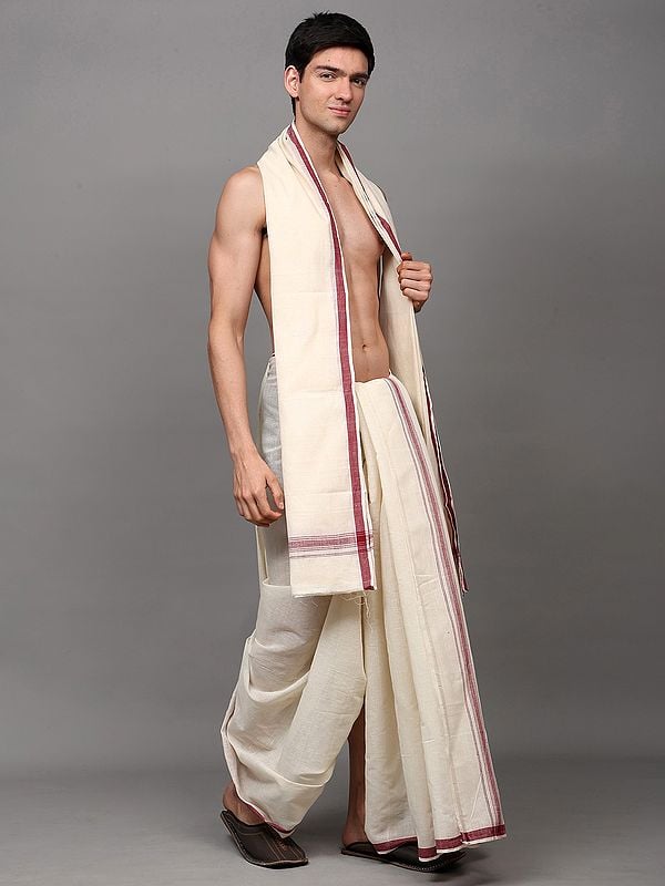Exotic India Off-White Plain Drape Dhoti And Angavastram Set With Striped Border 
