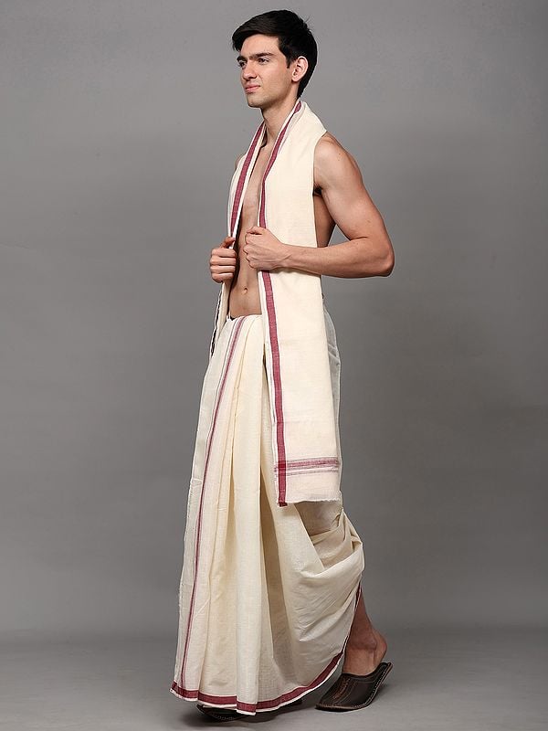 Exotic India Off-White Plain Drape Dhoti And Angavastram Set With Striped Border 