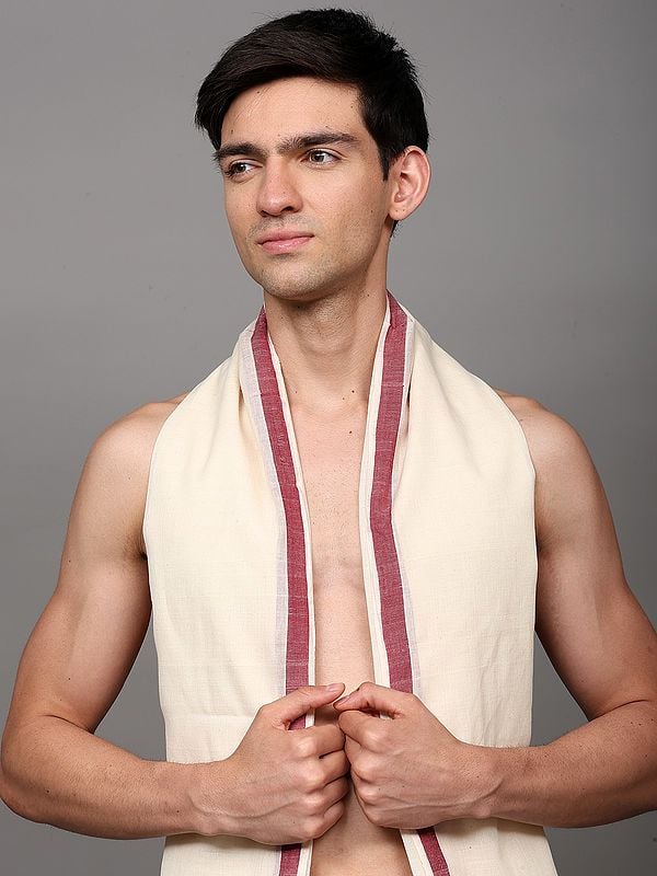 Exotic India Off-White Plain Drape Dhoti And Angavastram Set With Striped Border 