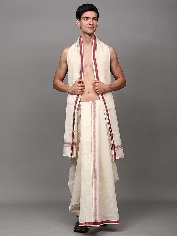 exotic india Off-White Plain Drape Dhoti and Angavastram Set with Striped Border 
