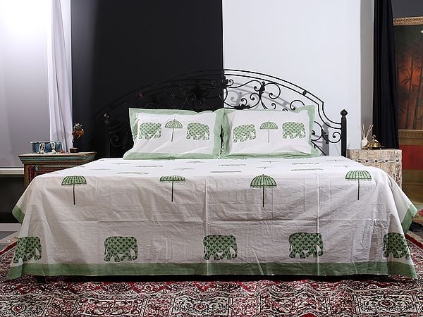 Exotic India Off-White Pure Cotton Queen Size Bedsheet With Elephant-Parasol Floral Handblock Print From Jaipur With Two Pillow Cover 