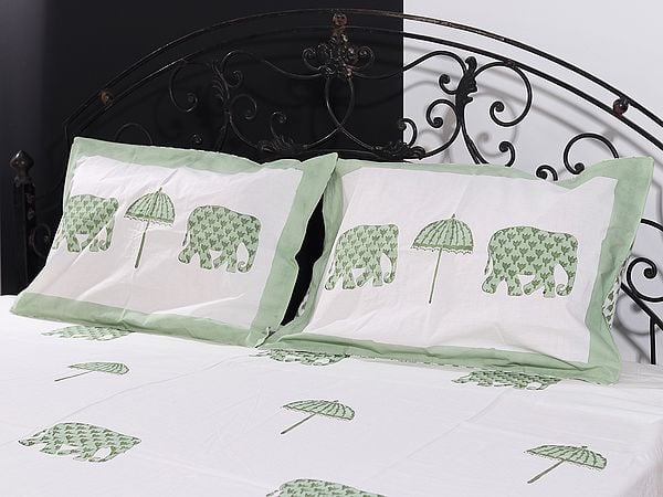 Exotic India Off-White Pure Cotton Queen Size Bedsheet With Elephant-Parasol Floral Handblock Print From Jaipur With Two Pillow Cover 