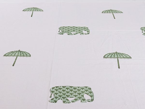 Exotic India Off-White Pure Cotton Queen Size Bedsheet With Elephant-Parasol Floral Handblock Print From Jaipur With Two Pillow Cover 