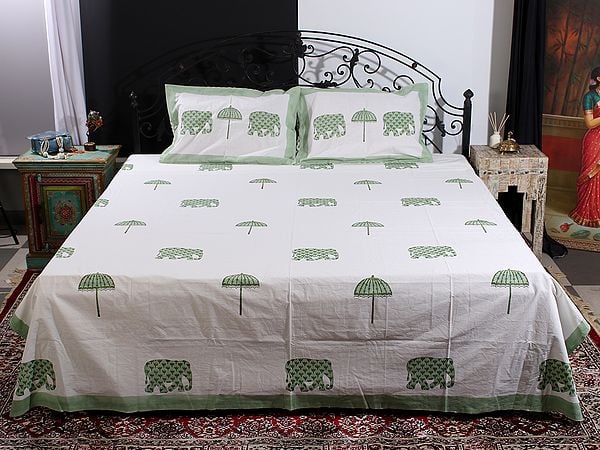 exotic india Off-White Pure Cotton Queen Size Bedsheet With Elephant-Parasol Floral Handblock Print From Jaipur With Two Pillow Cover