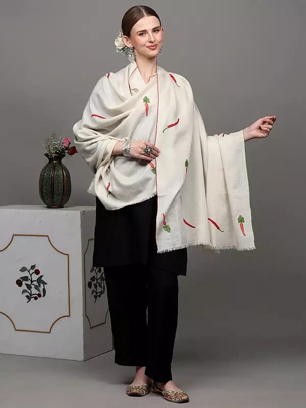 Exotic India Off-White Pure Pashmina Shawl With Chilly And Carrot Embroidery 