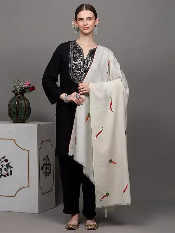 Exotic India Off-White Pure Pashmina Shawl With Chilly And Carrot Embroidery 
