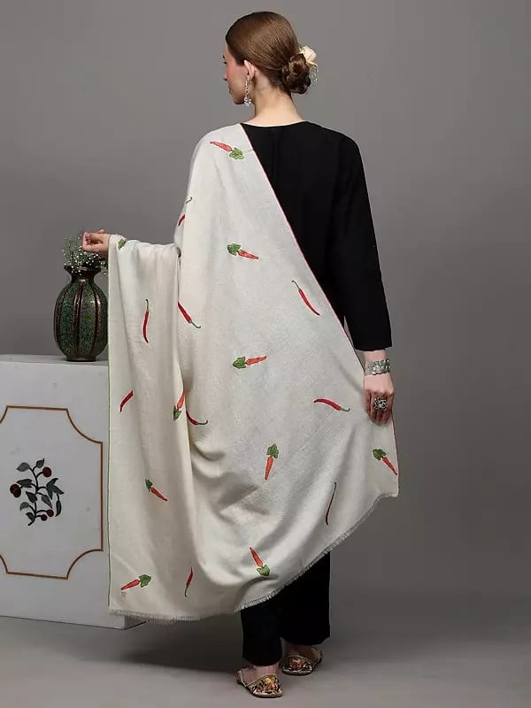 Exotic India Off-White Pure Pashmina Shawl With Chilly And Carrot Embroidery 