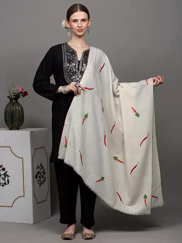 exotic india Off-White Pure Pashmina Shawl with Chilly and Carrot Embroidery 