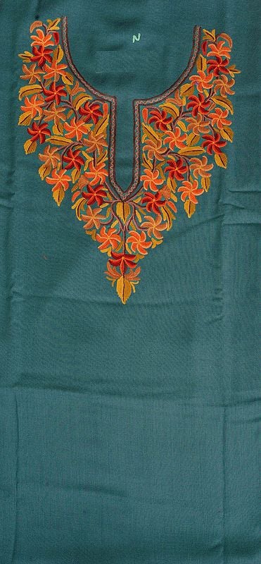 exotic india Oil-Blue Two-Piece Salwar Kameez Fabric from Kashmir with Aari Hand-Embroidered Flowers on Neck 