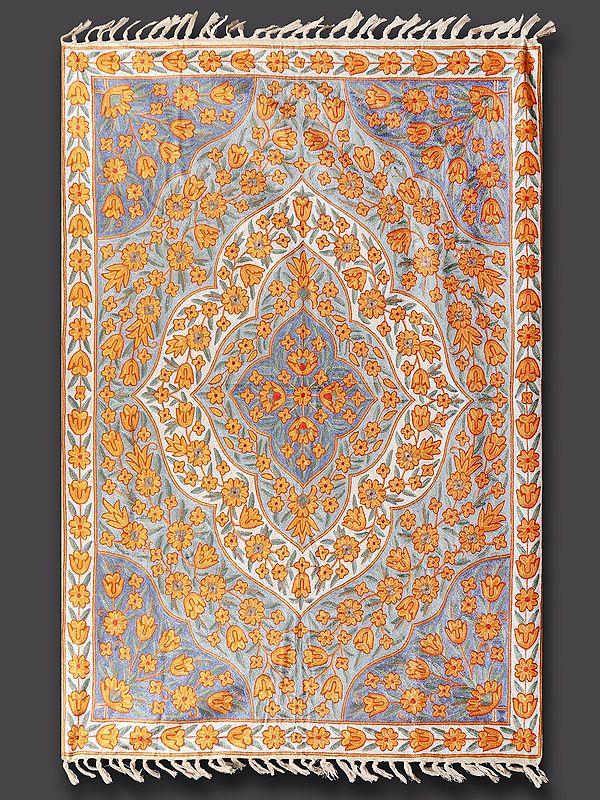Exotic India Old-Gold Floral Chain Stitched Kashmiri Asana Carpet With Tassels 