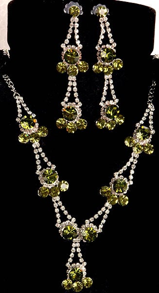exotic india Olive Green Designer Necklace with Earrings 