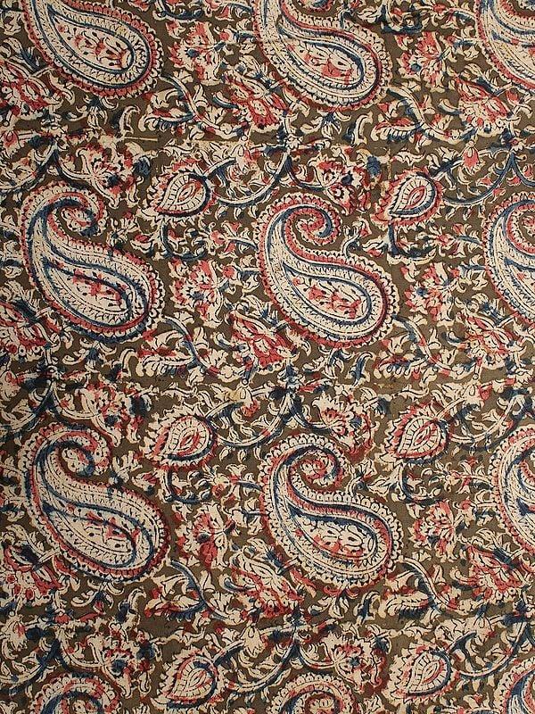 Exotic India Olive-Green Pure Cotton Kalamkari Block Printed Fabric 