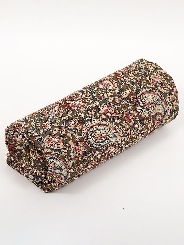 Exotic India Olive-Green Pure Cotton Kalamkari Block Printed Fabric 