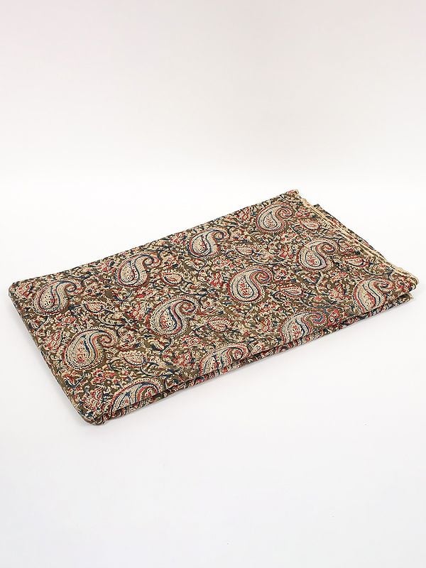 exotic india Olive-Green Pure Cotton Kalamkari Block Printed Fabric 