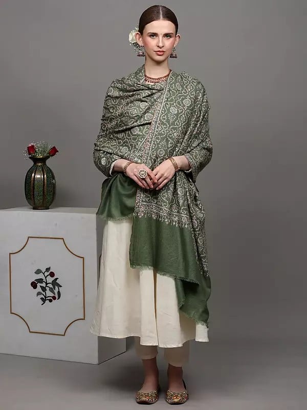 Exotic India Olive-Green Pure Pashmina Shawl With Featuring Intricate Sozni Embroidered Leaf Jaal Pattern 