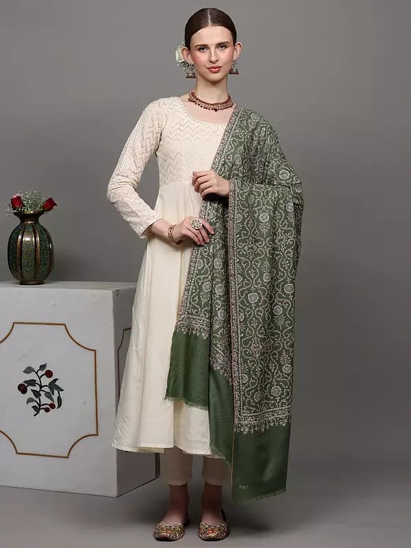 Exotic India Olive-Green Pure Pashmina Shawl With Featuring Intricate Sozni Embroidered Leaf Jaal Pattern 