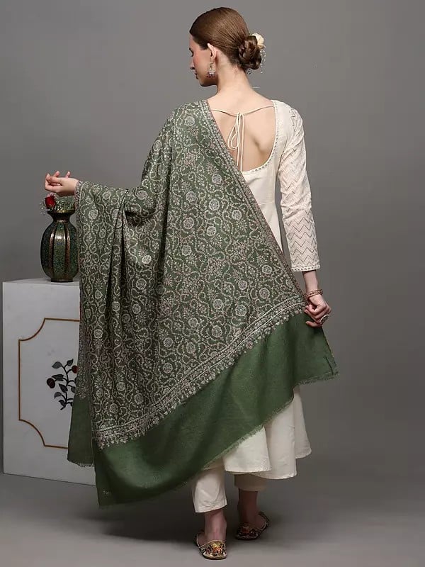 Exotic India Olive-Green Pure Pashmina Shawl With Featuring Intricate Sozni Embroidered Leaf Jaal Pattern 