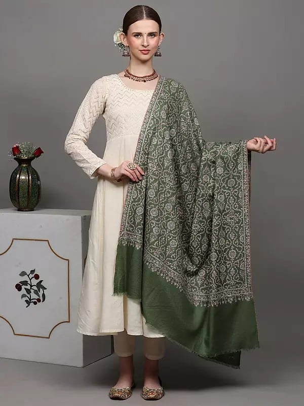 exotic india Olive-Green Pure Pashmina Shawl with Featuring Intricate Sozni Embroidered Leaf Jaal Pattern 