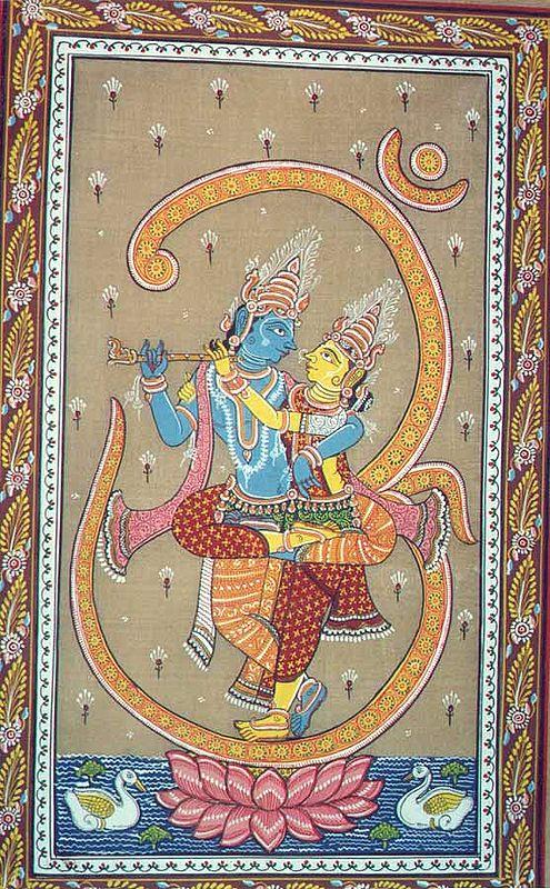 exotic india Om Radha Krishna Orissa Patta Painting on Tussar Silk