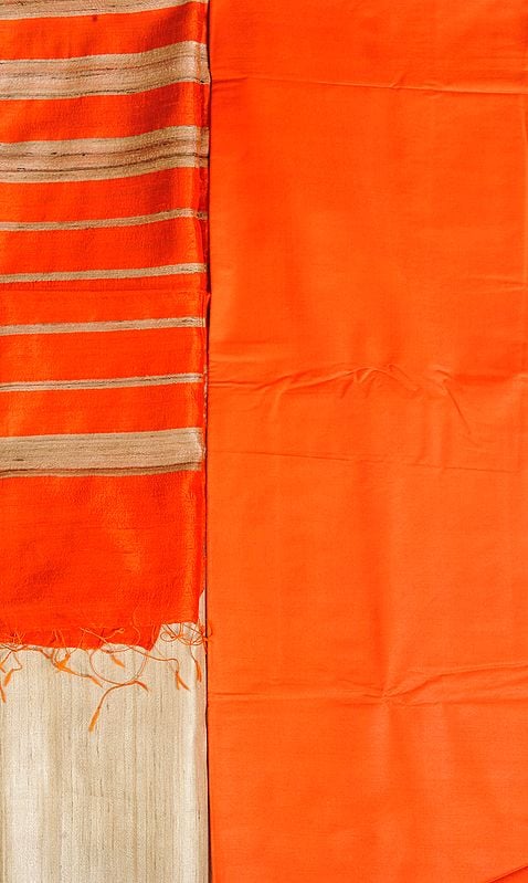 exotic india Orange and Beige Plain Salwar Kameez Fabric with Striped Dupatta 