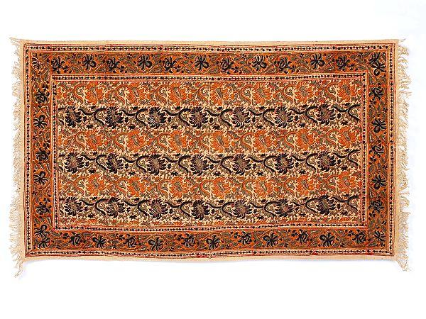 exotic india Orange Kalamkari Floral Printed Yoga Carpet from Telangana 