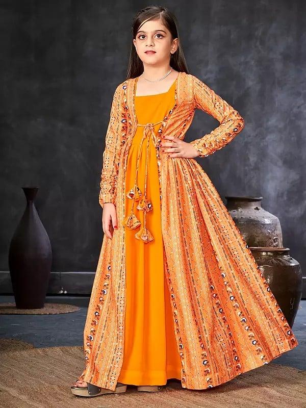 Exotic India Orange-Peel Faux Georgette Digital Print Full Round Flair 2 Piece Shrug Set Indo-Western Suit For Kids 