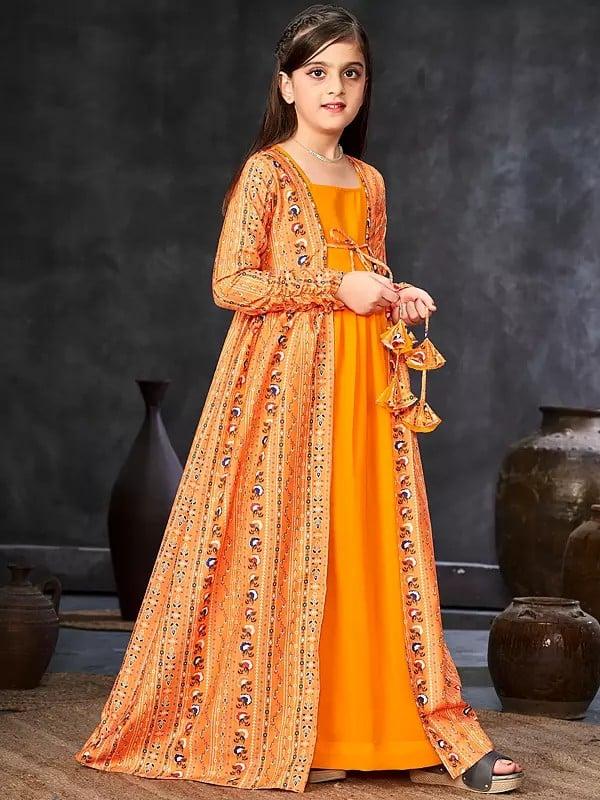 Exotic India Orange-Peel Faux Georgette Digital Print Full Round Flair 2 Piece Shrug Set Indo-Western Suit For Kids 
