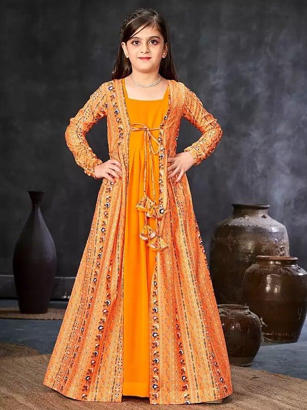exotic india Orange-Peel Faux Georgette Digital Print Full Round Flair 2 Piece Shrug Set Indo-Western Suit For Kids 