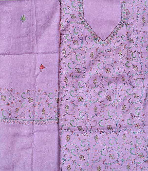 exotic india Orchid-Bloom Tusha Salwar Kameez Fabric from Kashmir with Sozni Hand-Embroidery 