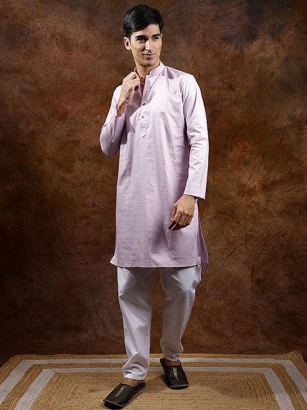 Exotic India Orchid-Ice Kurta Pajama Set With Herringbone Weave 