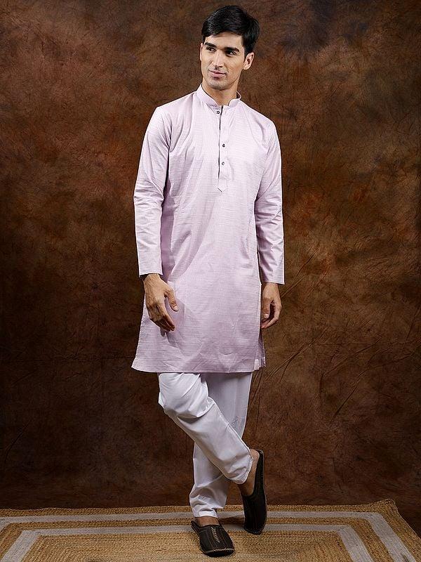Exotic India Orchid-Ice Kurta Pajama Set With Herringbone Weave 