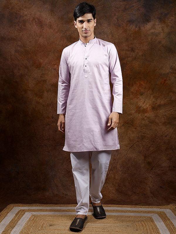 exotic india Orchid-Ice Kurta Pajama Set with Herringbone Weave 