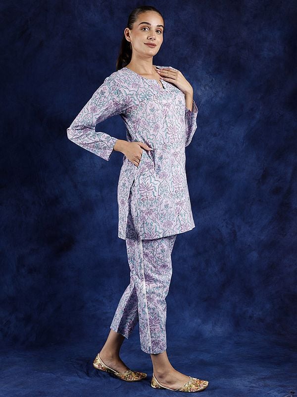 Exotic India Orchid-Petel Pure Cotton Co-Ord Set With Block Printed Birds And Leaves 